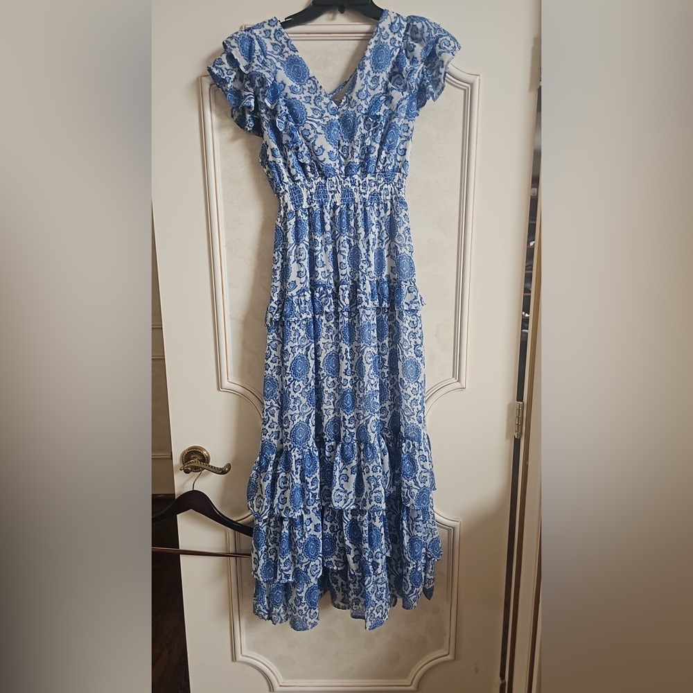 Aqua Blue & White Paisley Ruffle Midi Dress Size S